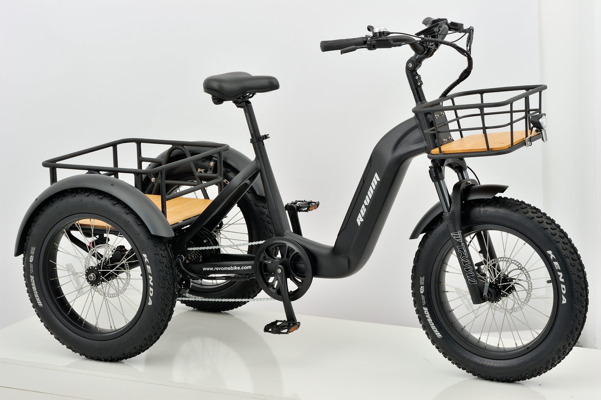Revom T2 E-Trike Ebike Electric Bike in Black Front Angled Side View