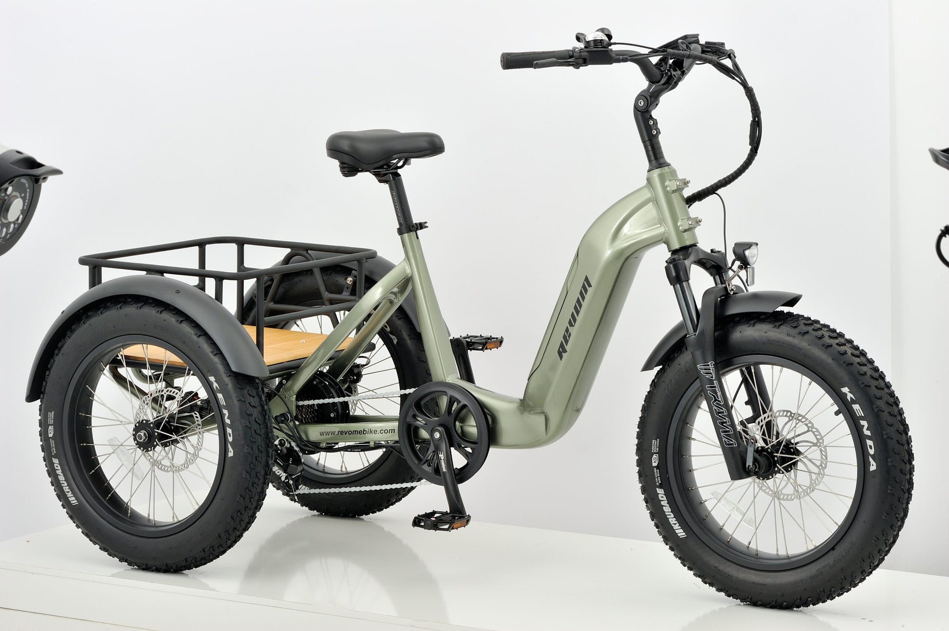 Revom T2 E-Trike Ebike Electric Bike in Military Green Front Angled Side View