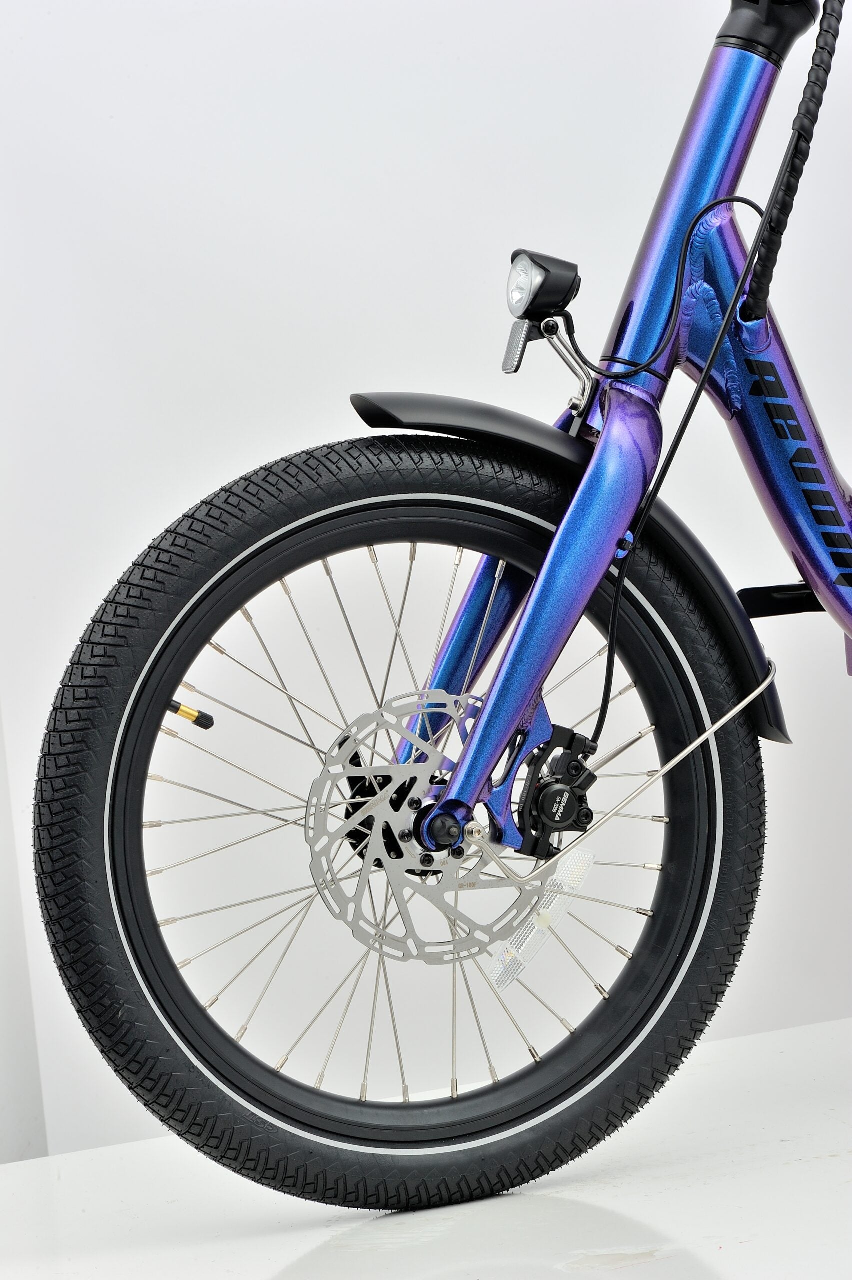 Revom T4 Semi Recumbent Folding E-Trike Ebike Electric Bike in Blue Purple Pearl View of Front Wheel and Disc Brakes Ebike Electric Bike
