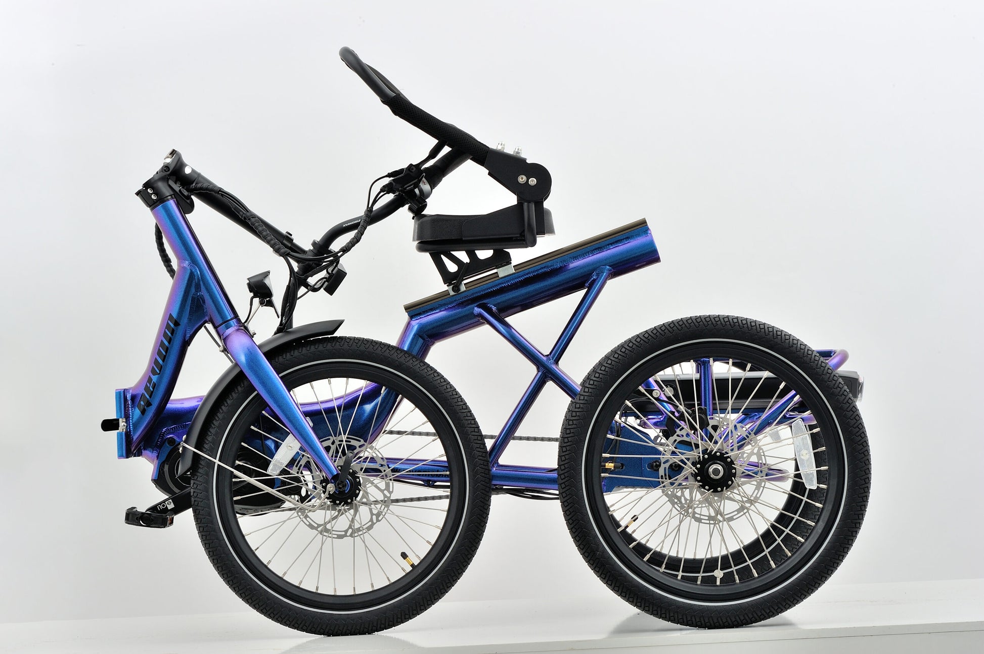 Revom T4 Semi Recumbent Folding E-Trike Ebike Electric Bike in Blue Purple Pearl Side View Folded Ebike Electric Bike