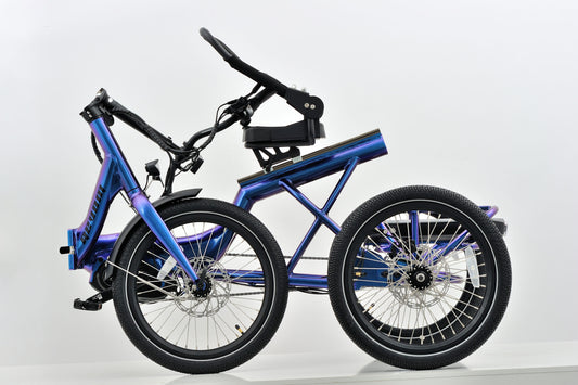 Revom T4 Semi Recumbent Folding E-Trike Ebike Electric Bike in Blue Purple Pearl Side View Folded Ebike Electric Bike
