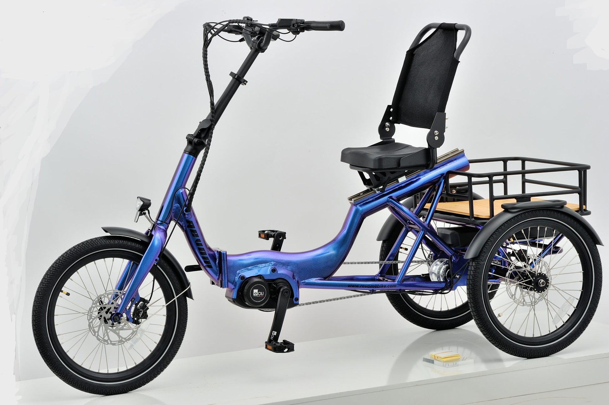 Revom T4 Semi Recumbent Folding E-Trike Ebike Electric Bike in Blue Purple Pearl Front Side View Ebike Electric Bike