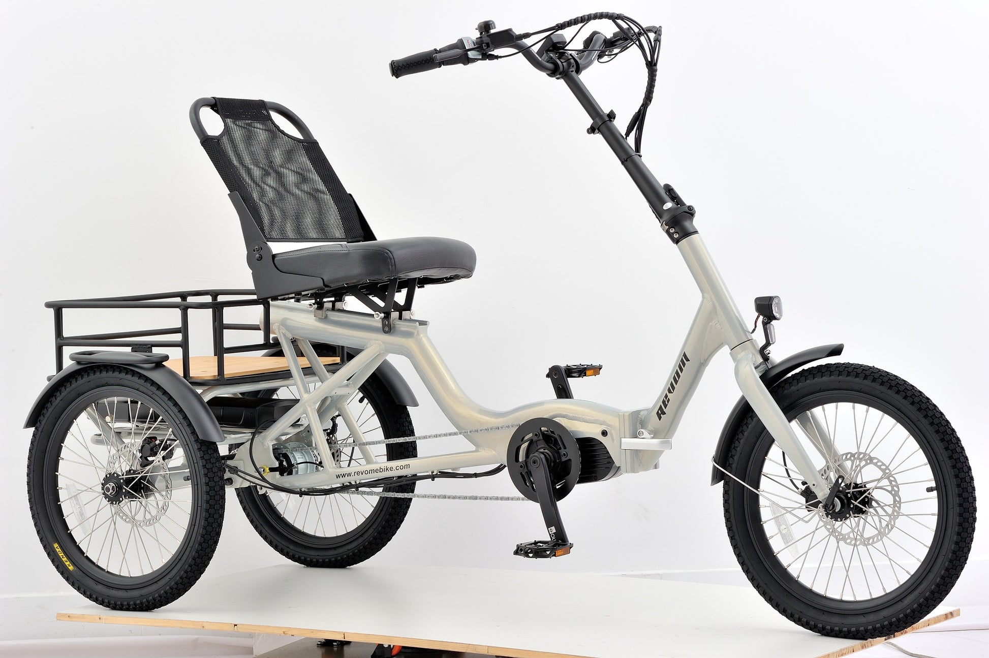 Revom T4 Semi Recumbent Folding E-Trike Ebike Electric Bike in White Pearl Side Front View Ebike Electric Bike